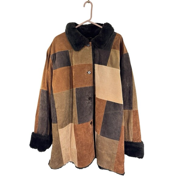 Vtg Dennis Basso NWT Suede Leather Patchwork Coat Sherpa Trims Size 3X - Picture 1 of 5